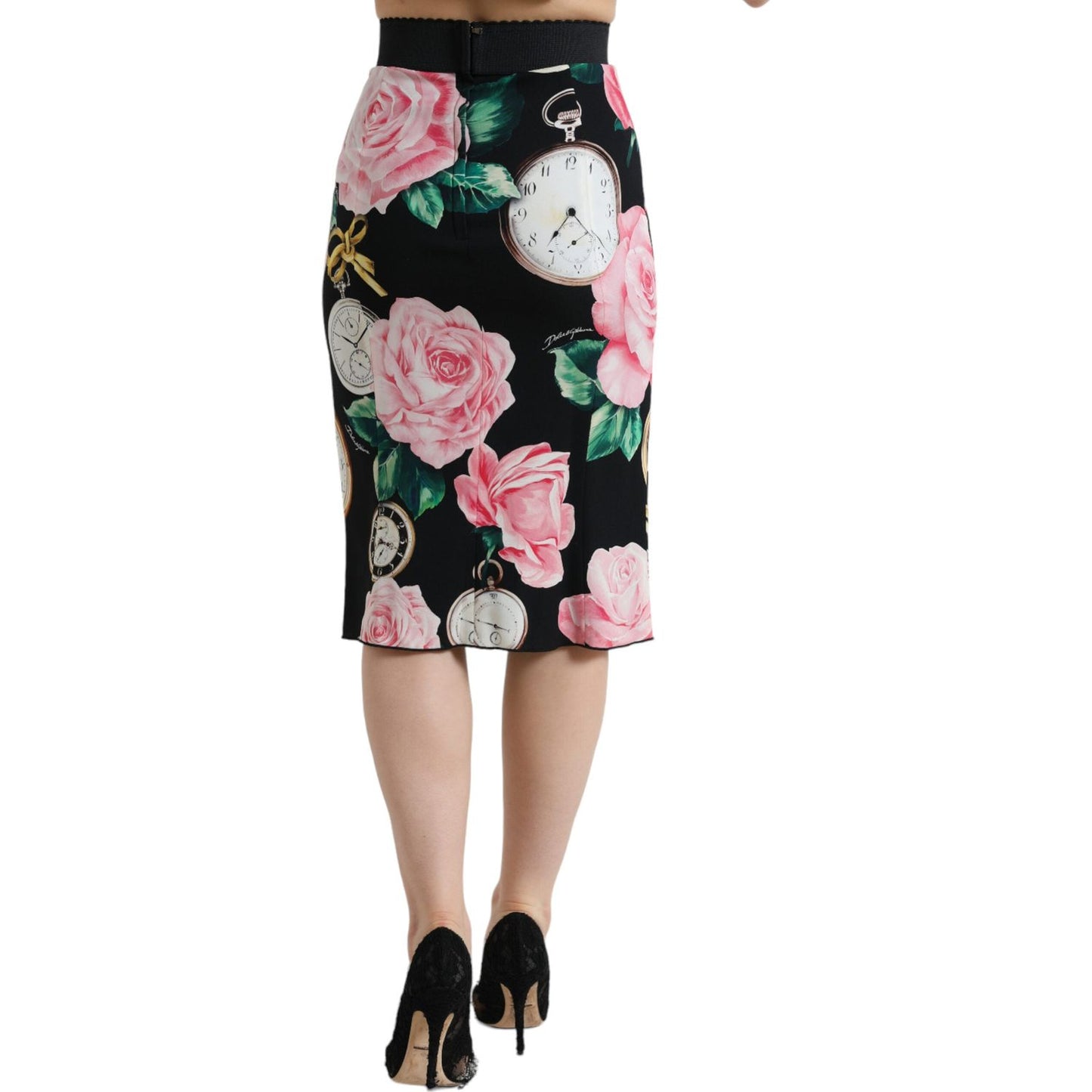 Dolce & Gabbana High Waist Silk Pencil Midi Skirt with Floral Print black-rose-clock-high-waist-pencil-cut-skirt