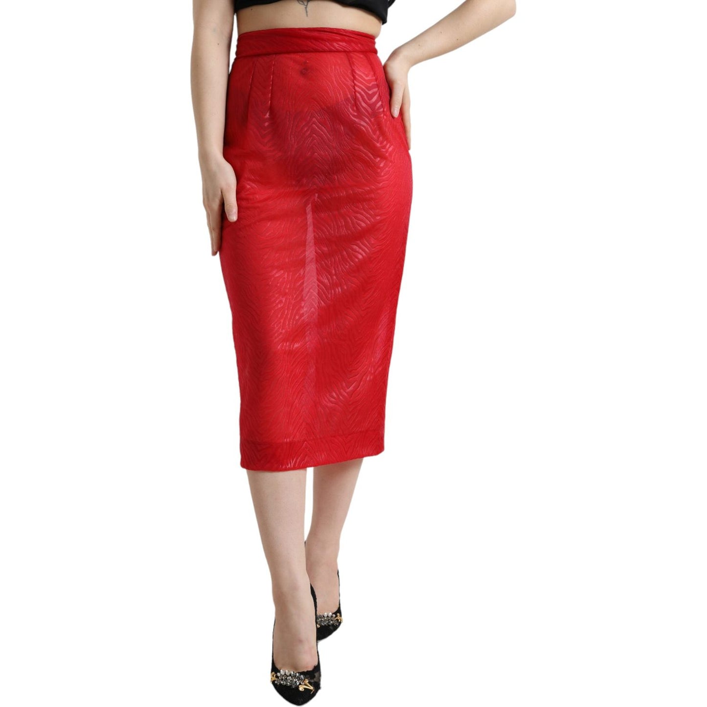Dolce & Gabbana Chic Red High Waist Sheer Midi Skirt red-sheer-high-waist-pencil-cut-midi-skirt