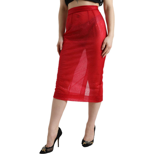 Dolce & Gabbana Chic Red High Waist Sheer Midi Skirt red-sheer-high-waist-pencil-cut-midi-skirt