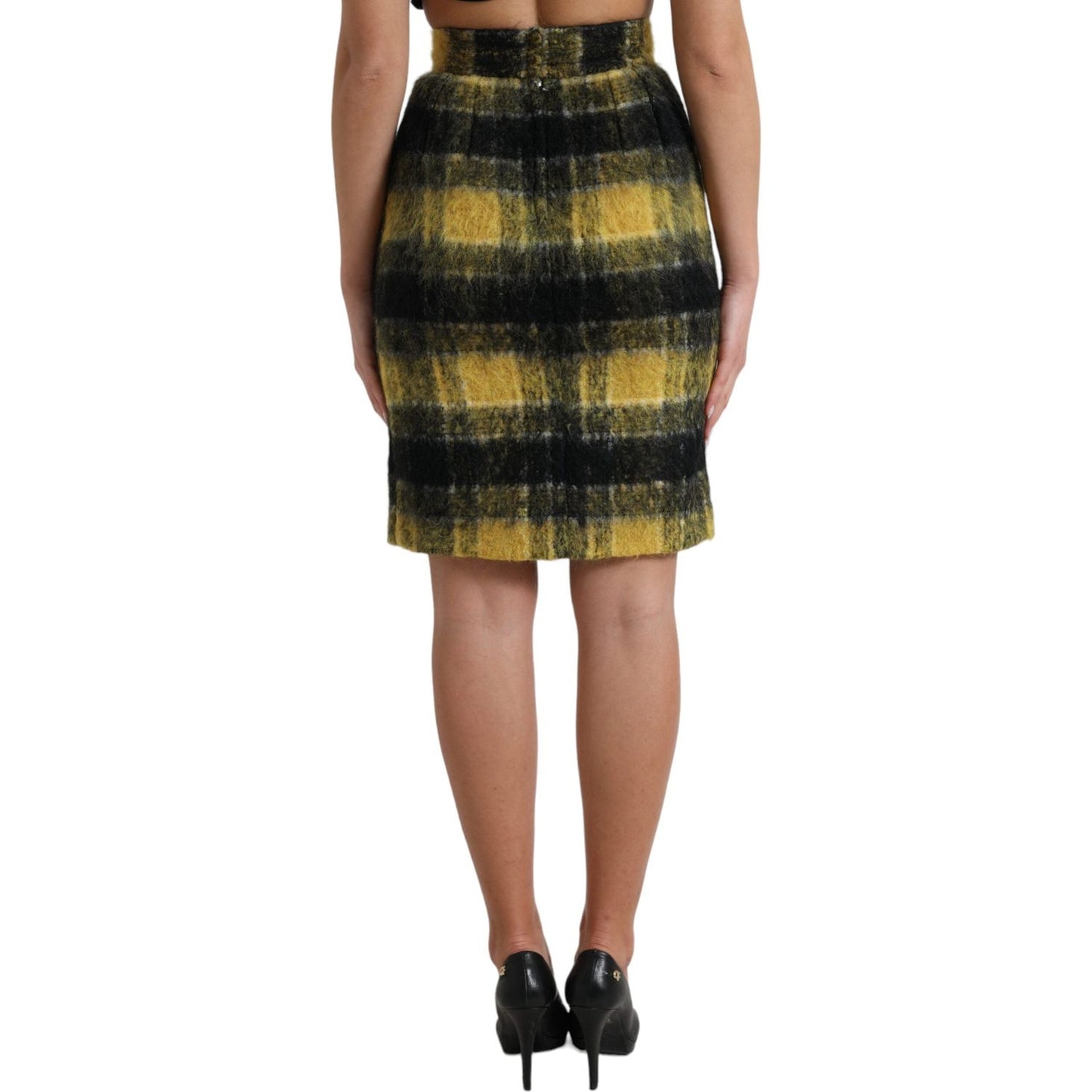 Dolce & Gabbana High Waist Check Print Silk-Lined Mini Skirt yellow-black-brushed-checked-wool-pencil-cut-skirt