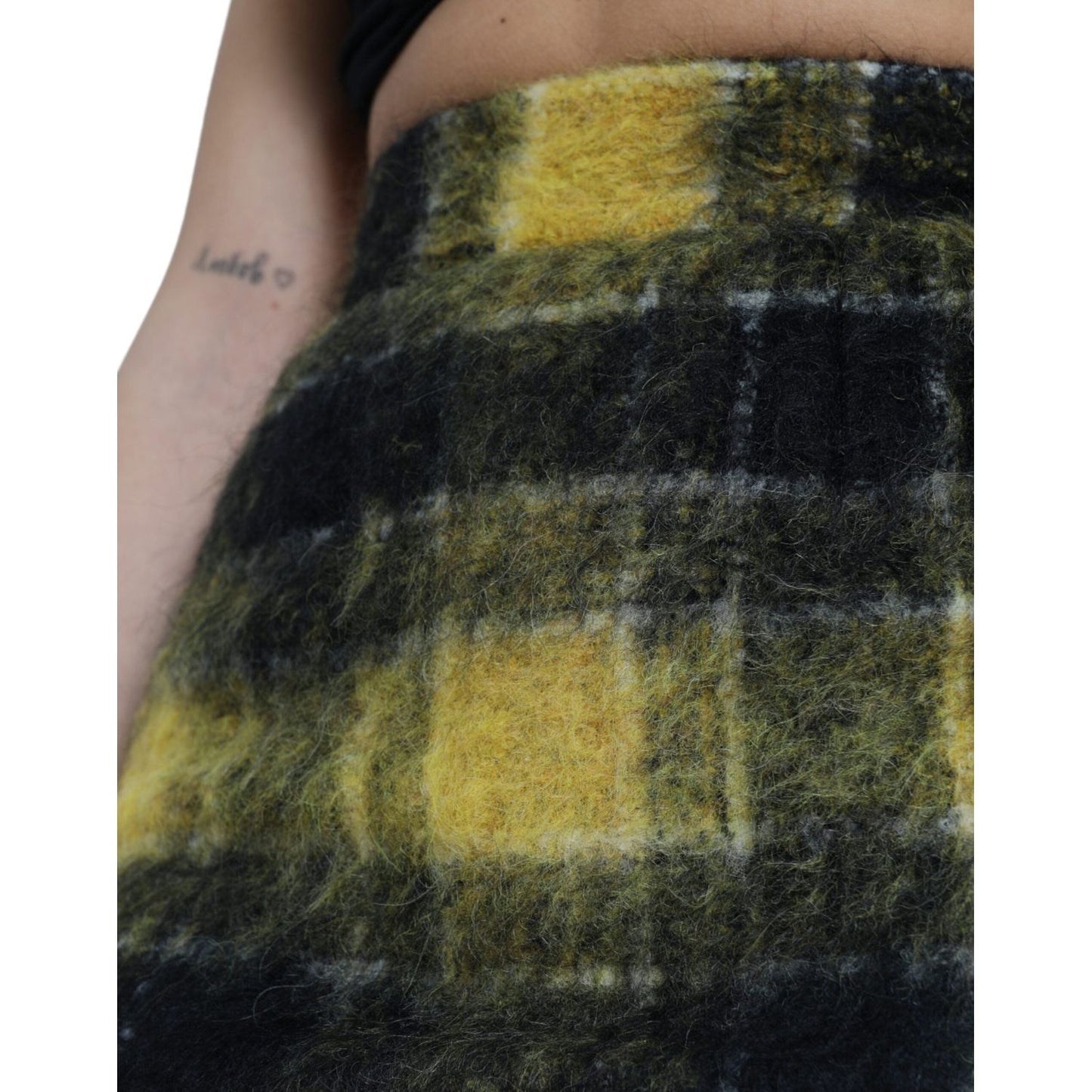 Dolce & Gabbana High Waist Check Print Silk-Lined Mini Skirt yellow-black-brushed-checked-wool-pencil-cut-skirt