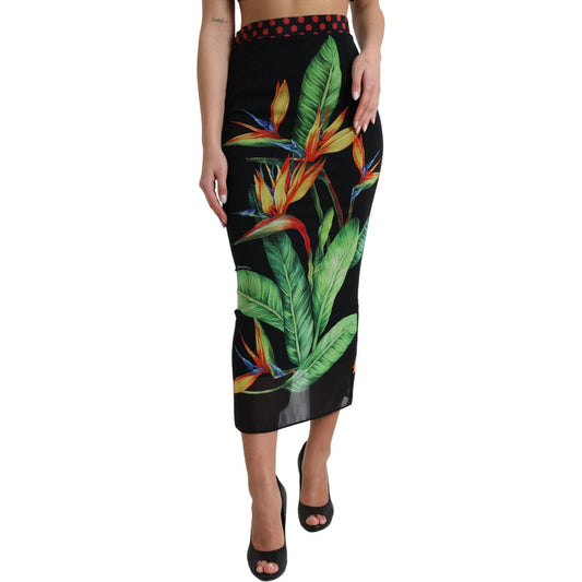 Dolce & Gabbana Floral High Waist Silk Midi Skirt black-strelitzia-high-waist-pencil-cut-skirt