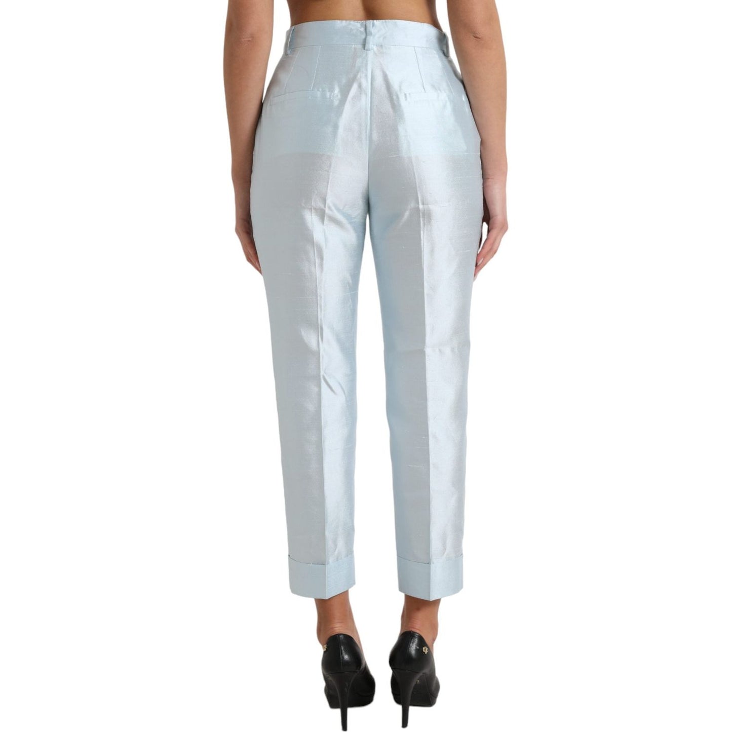 Dolce & Gabbana Chic Sky Blue High Waist Cropped Pants sky-blue-silk-high-waist-folded-hem-pants