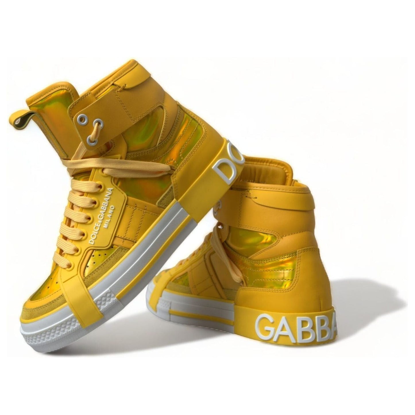 Dolce & Gabbana Chic High-Top Color-Block Sneakers yellow-white-leather-high-top-sneakers-shoes