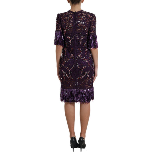 Dolce & Gabbana Elegant Purple Floral Lace Crystal Dress purple-floral-lace-crystal-embedded-dress