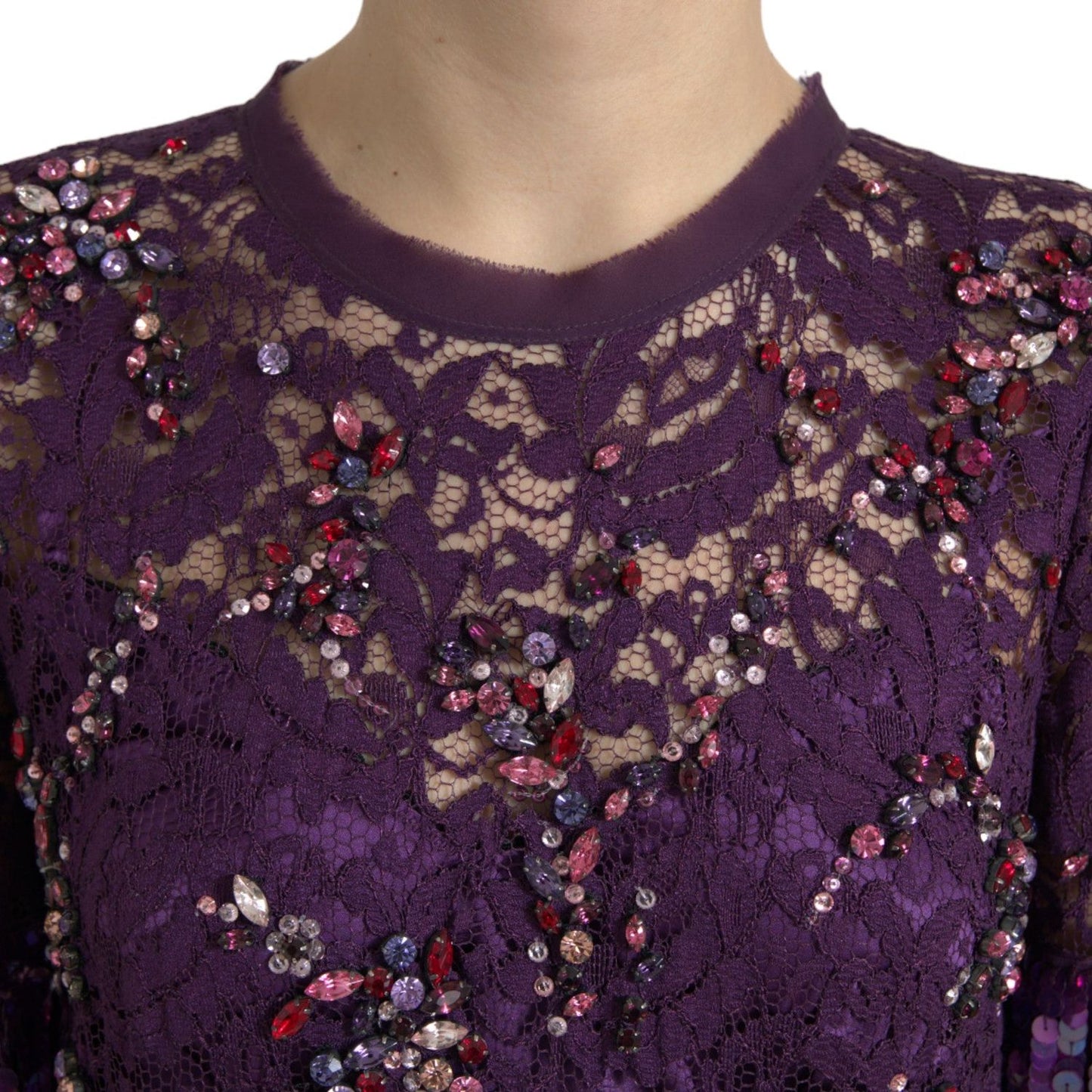 Dolce & Gabbana Elegant Purple Floral Lace Crystal Dress purple-floral-lace-crystal-embedded-dress
