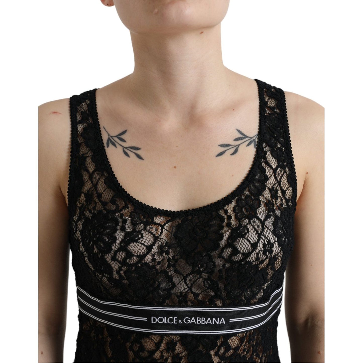 Dolce & Gabbana Elegant Lace Tank Top with Logo Stripe black-logo-stripe-lace-sleeveless-tank-top