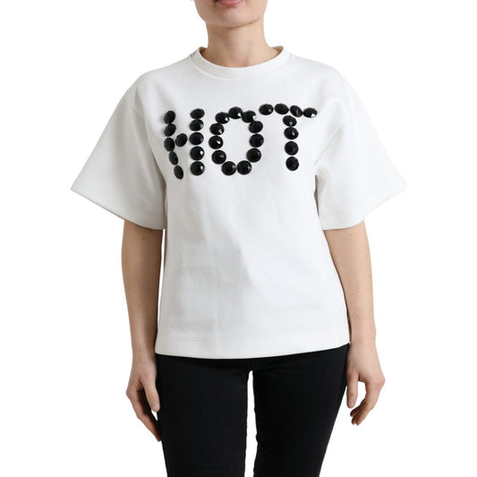 Dolce & Gabbana Embellished Crew Neck Fashion Tee t-shirt-white-cotton-stretch-black-hot-crystal