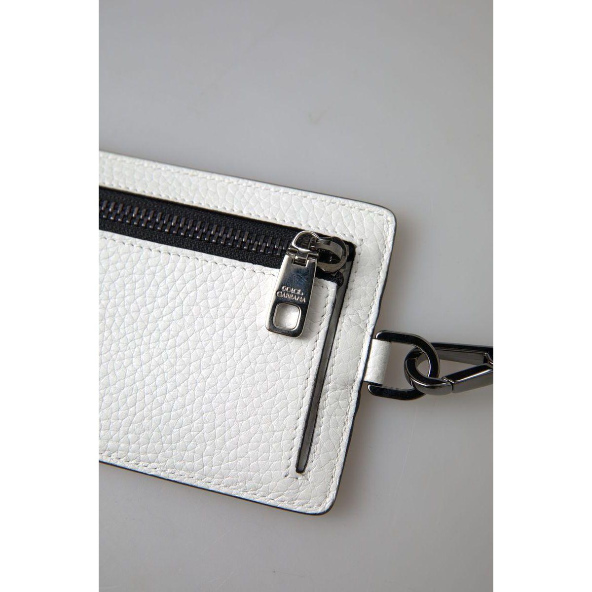 Dolce & Gabbana Elegant White Leather Cardholder Lanyard white-leather-lanyard-logo-card-holder-men-wallet