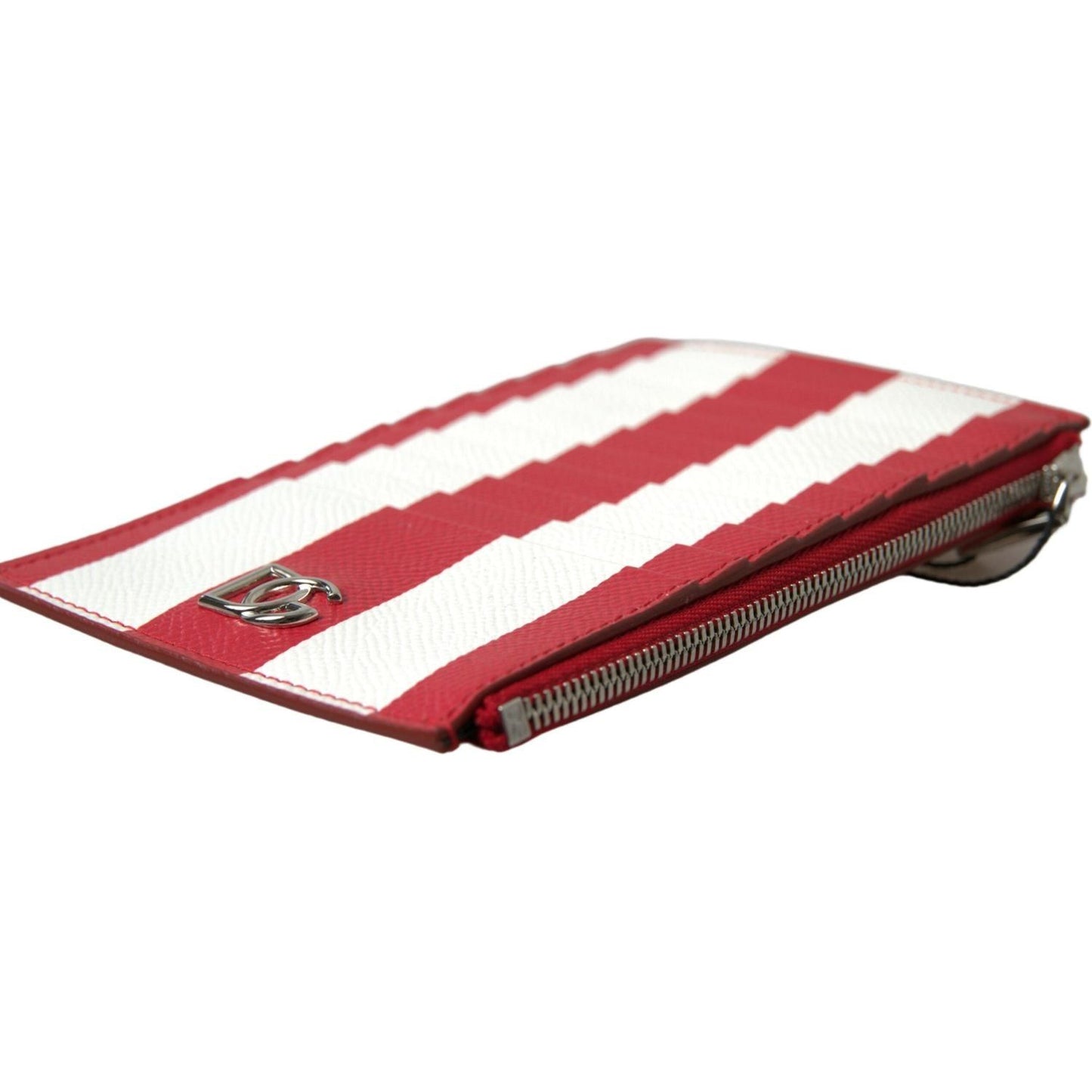 Dolce & Gabbana Elegant Striped Leather Card Holder red-white-leather-dg-logo-zip-card-holder-wallet