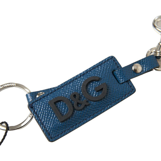 Dolce & Gabbana Elegant Blue Leather Keychain with Silver Accents blue-leather-dg-logo-silver-tone-metal-keychain