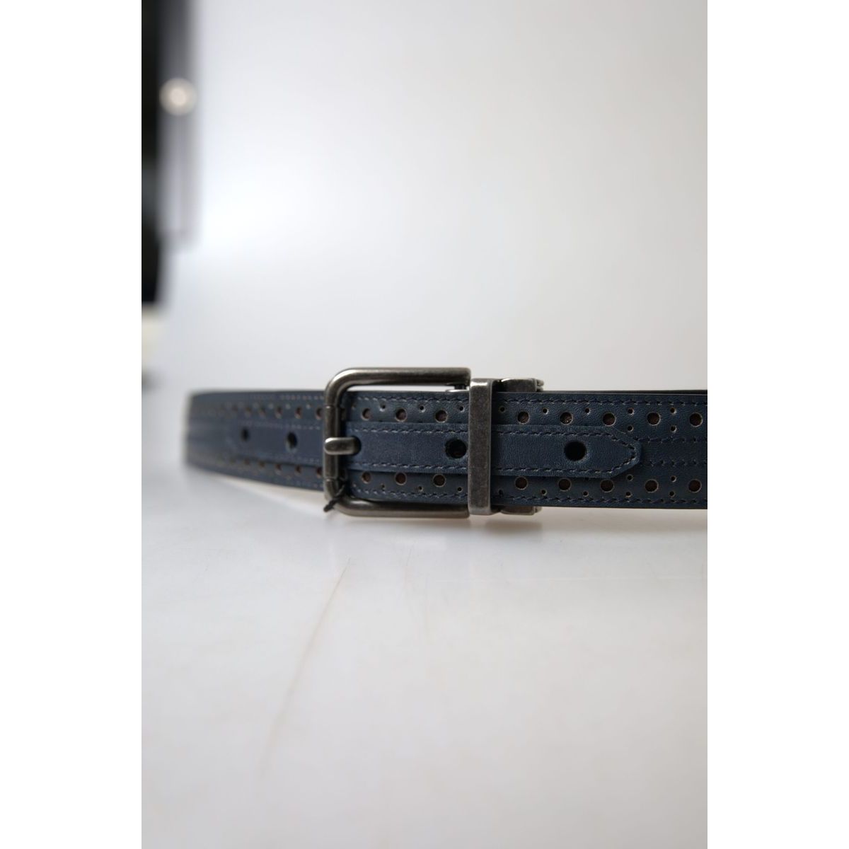 Dolce & Gabbana Elegant Blue Leather Belt with Metal Buckle MAN BELTS blue-leather-perforated-metal-buckle-belt