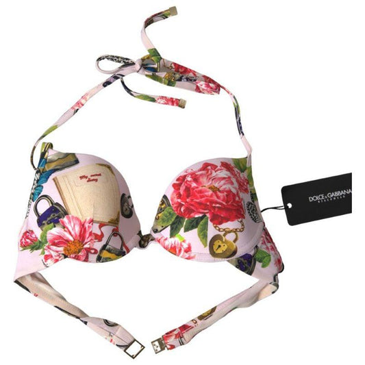 Dolce & Gabbana Chic Floral Bikini Top Elegance pink-floral-halter-beachwear-swimwear-bikini-top