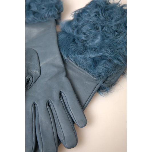 Dolce & Gabbana Elegant Blue Leather Gloves with Fur Trim blue-leather-fur-mid-arm-length-gloves