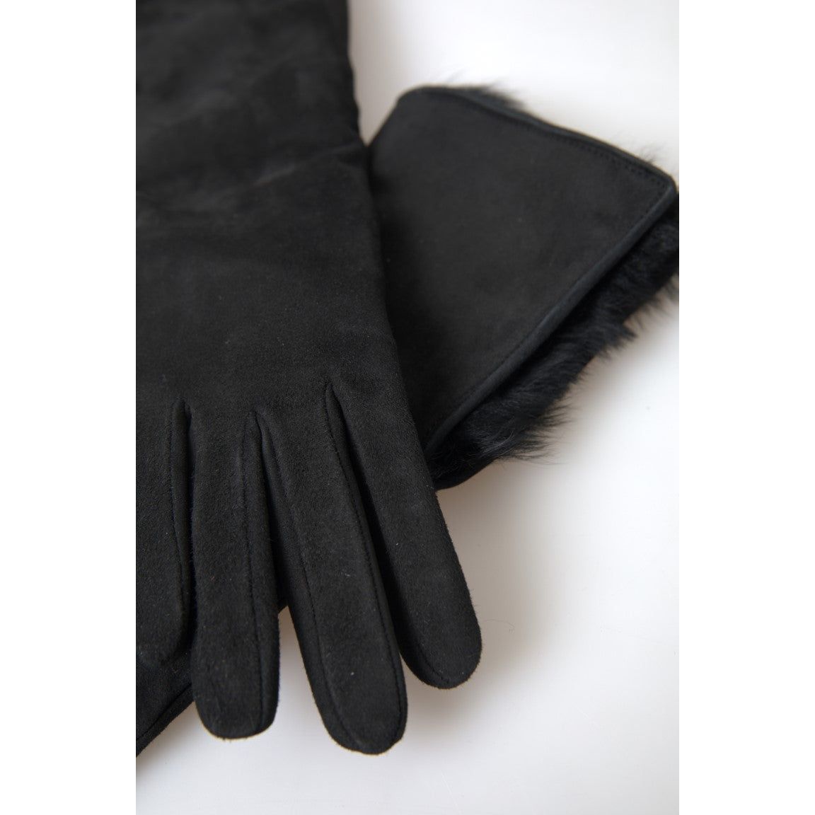 Dolce & Gabbana Elegant Leather Elbow Length Gloves with Fur Trim black-leather-fur-elbow-length-gloves