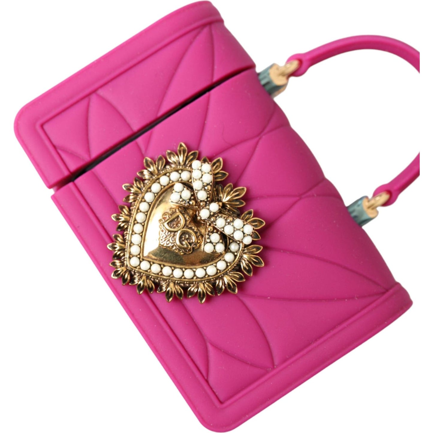 Dolce & Gabbana Chic Quilted Silicone Airpods Case - Pink & Gold pink-silicone-devotion-heart-bag-gold-chain-airpods-case