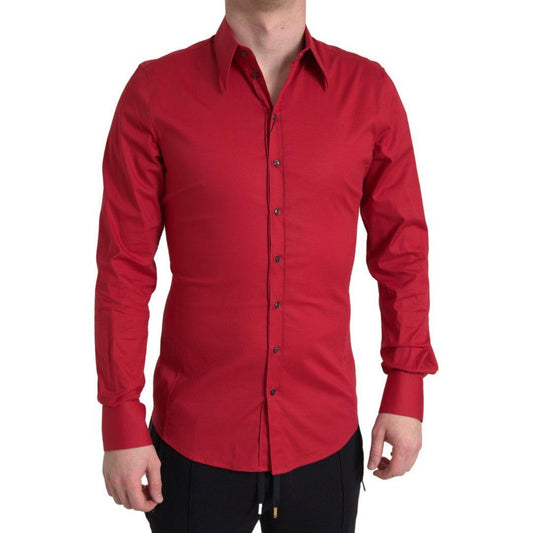 Dolce & Gabbana Red Slim Fit Cotton Stretch Shirt red-collared-long-sleeve-sicilia-shirt