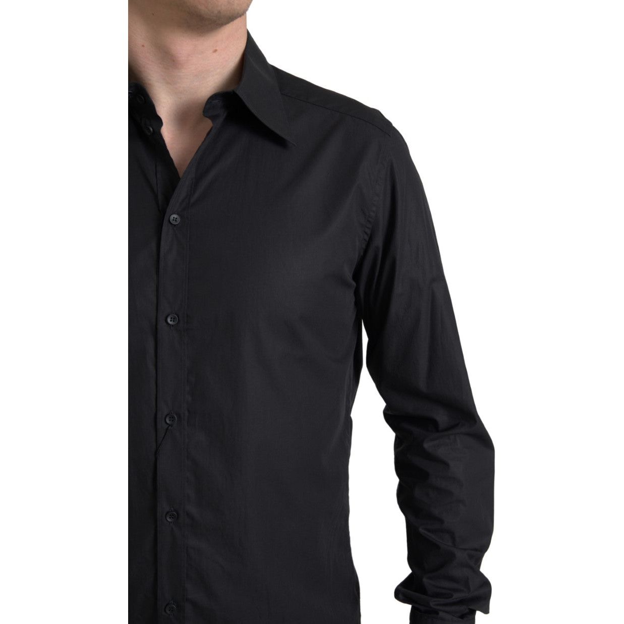 Dolce & Gabbana Elegant Black Gold Button Formal Shirt black-collared-long-sleeve-martini-shirt