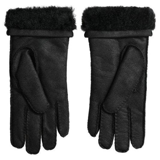 Dolce & Gabbana Elegant Black Leather Winter Gloves black-leather-fur-short-hands-mitten-men-gloves