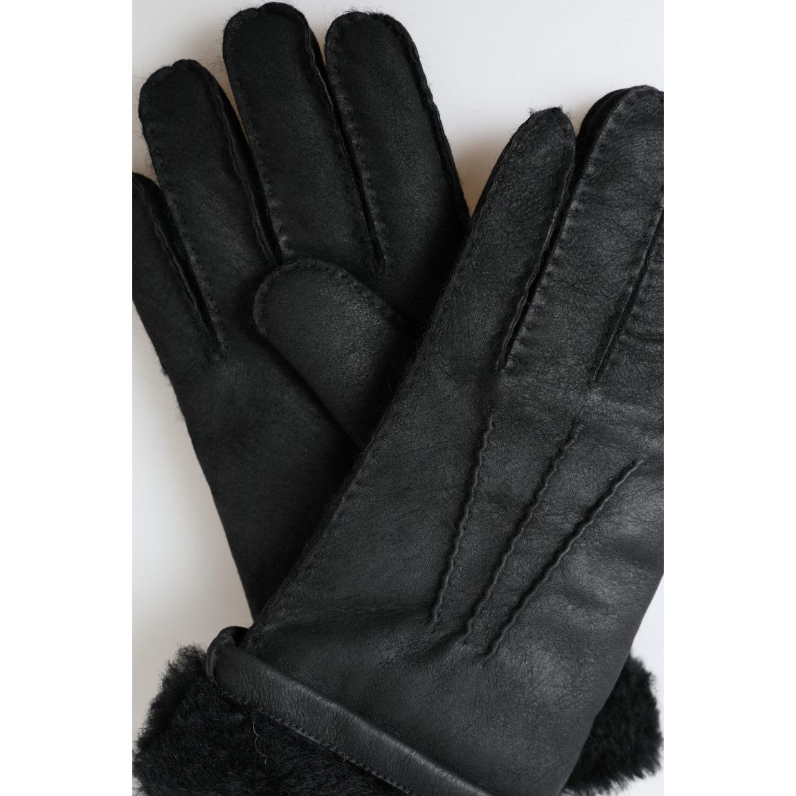 Dolce & Gabbana Elegant Black Leather Winter Gloves black-leather-fur-short-hands-mitten-men-gloves