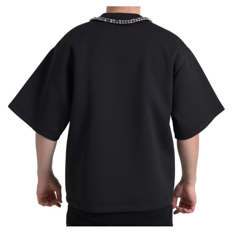 Dolce & Gabbana Embellished Neckline Casual T-Shirt black-necklace-embellished-polyester-t-shirt