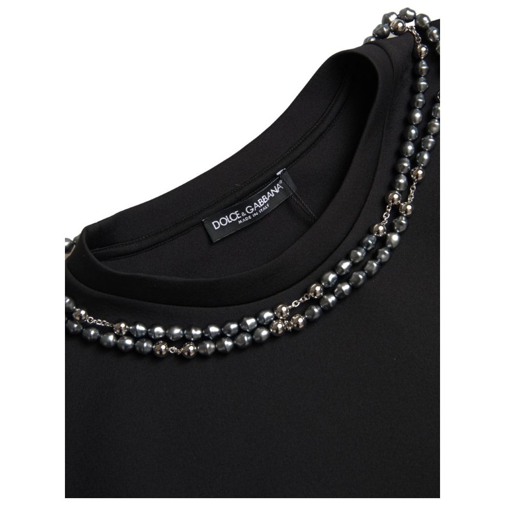 Dolce & Gabbana Embellished Neckline Casual T-Shirt black-necklace-embellished-polyester-t-shirt