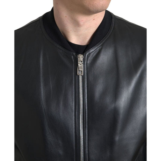 Dolce & Gabbana Elegant Black Leather Bomber Jacket black-leather-full-zip-bomber-men-jacket 465A7557-1-2e1628a9-ff4.jpg
