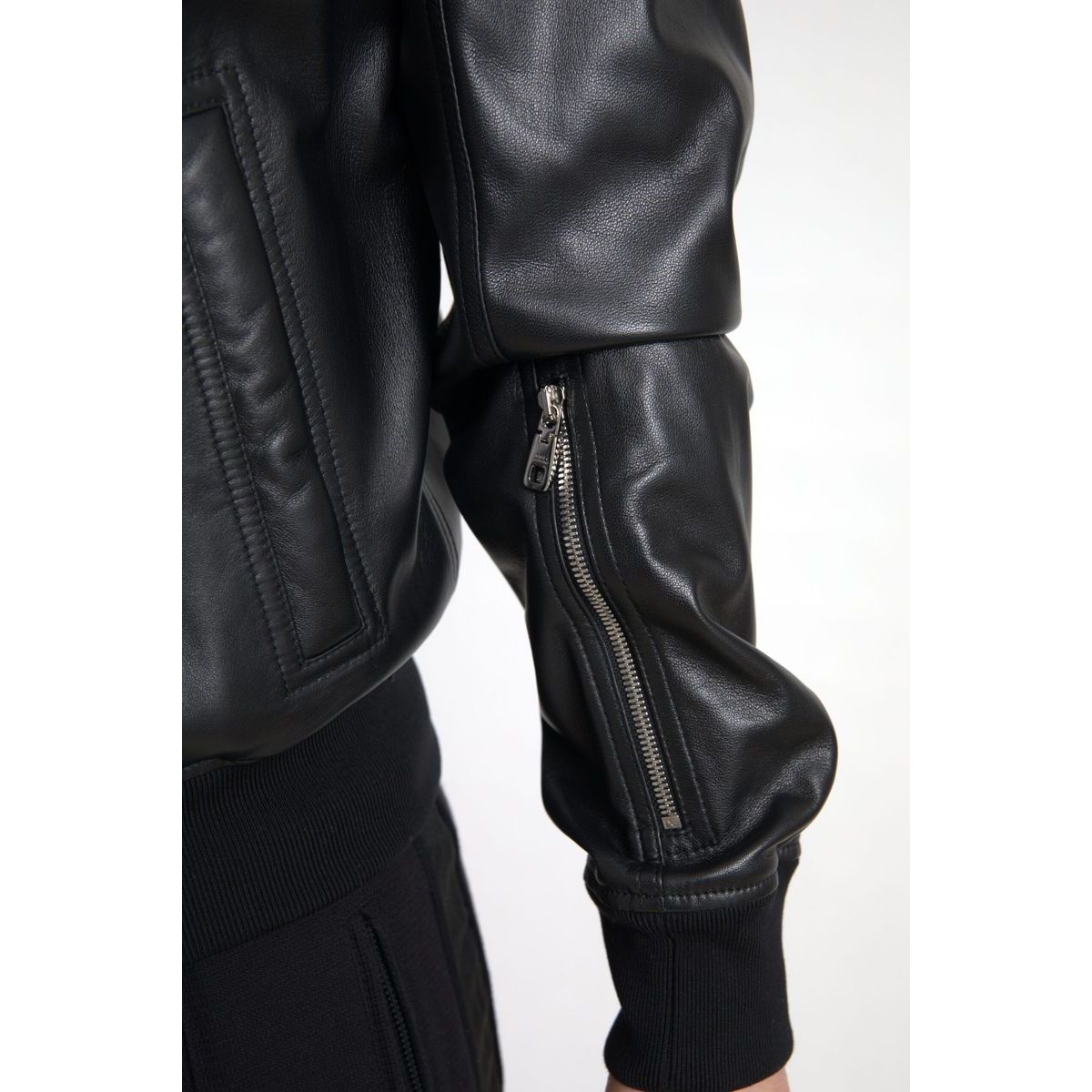 Dolce & Gabbana Elegant Black Leather Bomber Jacket black-leather-full-zip-bomber-men-jacket