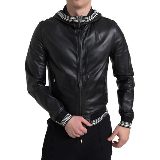 Dolce & Gabbana Elegant Black Leather Bomber Jacket black-leather-full-zip-hooded-men-jacket 465A7628-f31f8c2d-cde.jpg