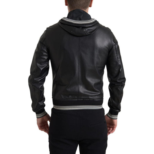 Dolce & Gabbana Elegant Black Leather Bomber Jacket black-leather-full-zip-hooded-men-jacket 465A7629-606590ec-cf1.jpg