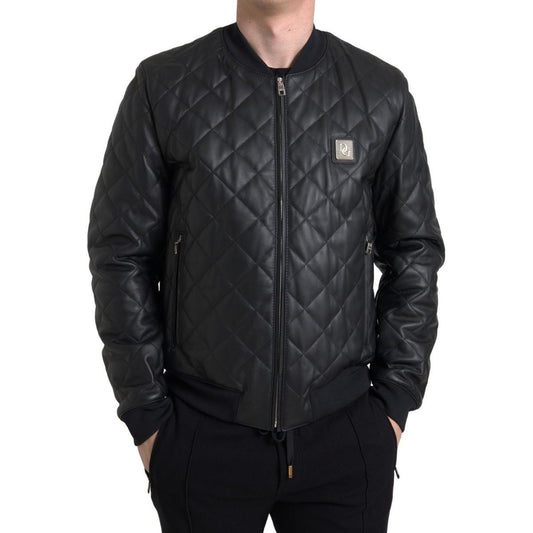 Dolce & Gabbana Elegant Black Leather Bomber Jacket black-leather-full-zip-quilted-jacket 465A7644-c6a365df-dcb.jpg