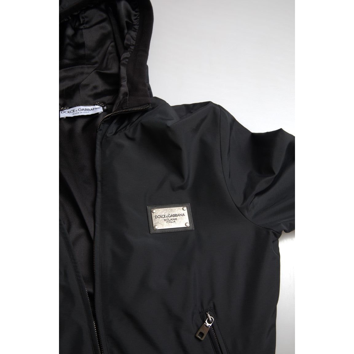 Dolce & Gabbana Elegant Black Hooded Sweatshirt with Logo Plaque black-hooded-nylon-bomber-full-zip-sweater