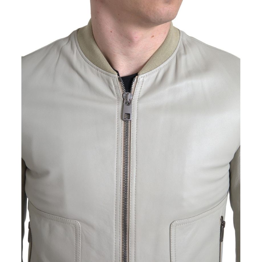 Dolce & Gabbana Cream Leather Bomber Jacket cream-leather-bomber-blouson-full-zip-jacket