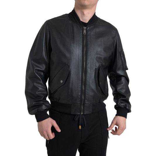 Dolce & Gabbana Elegant Black Leather Bomber Jacket black-leather-blouson-full-zip-bomber-jacket