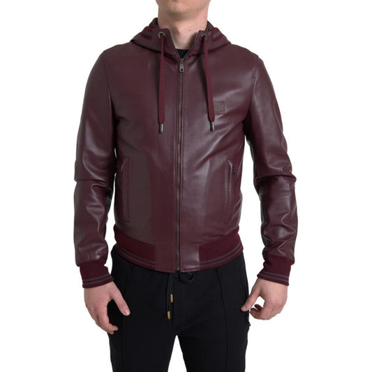 Dolce & Gabbana Elegant Bordeaux Leather Hooded Jacket bordeaux-leather-hooded-full-zip-men-jacket