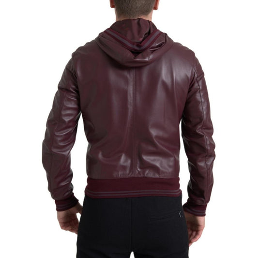 Dolce & Gabbana Elegant Bordeaux Leather Hooded Jacket bordeaux-leather-hooded-full-zip-men-jacket