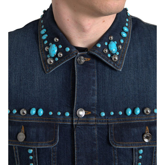 Dolce & Gabbana Embellished Turquoise Denim Jacket blue-denim-turquoise-stones-studded-jacket