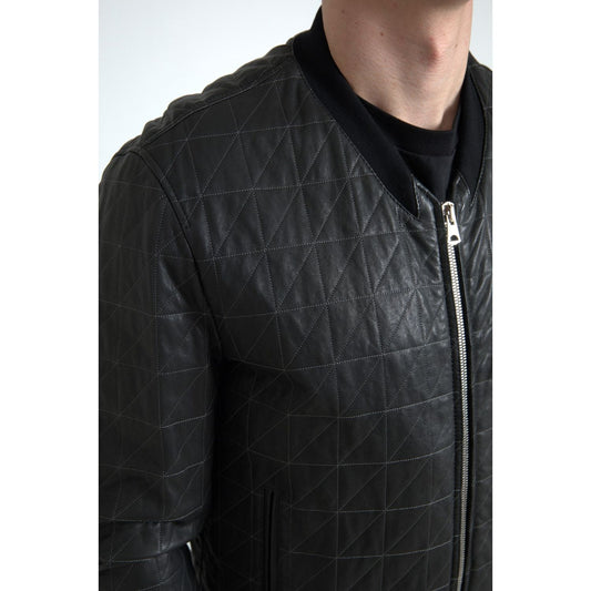 Dolce & Gabbana Elegant Black Leather Bomber Jacket black-leather-full-zip-bomber-coat-jacket 465A8091-Large-ed567a1c-c7c.jpg