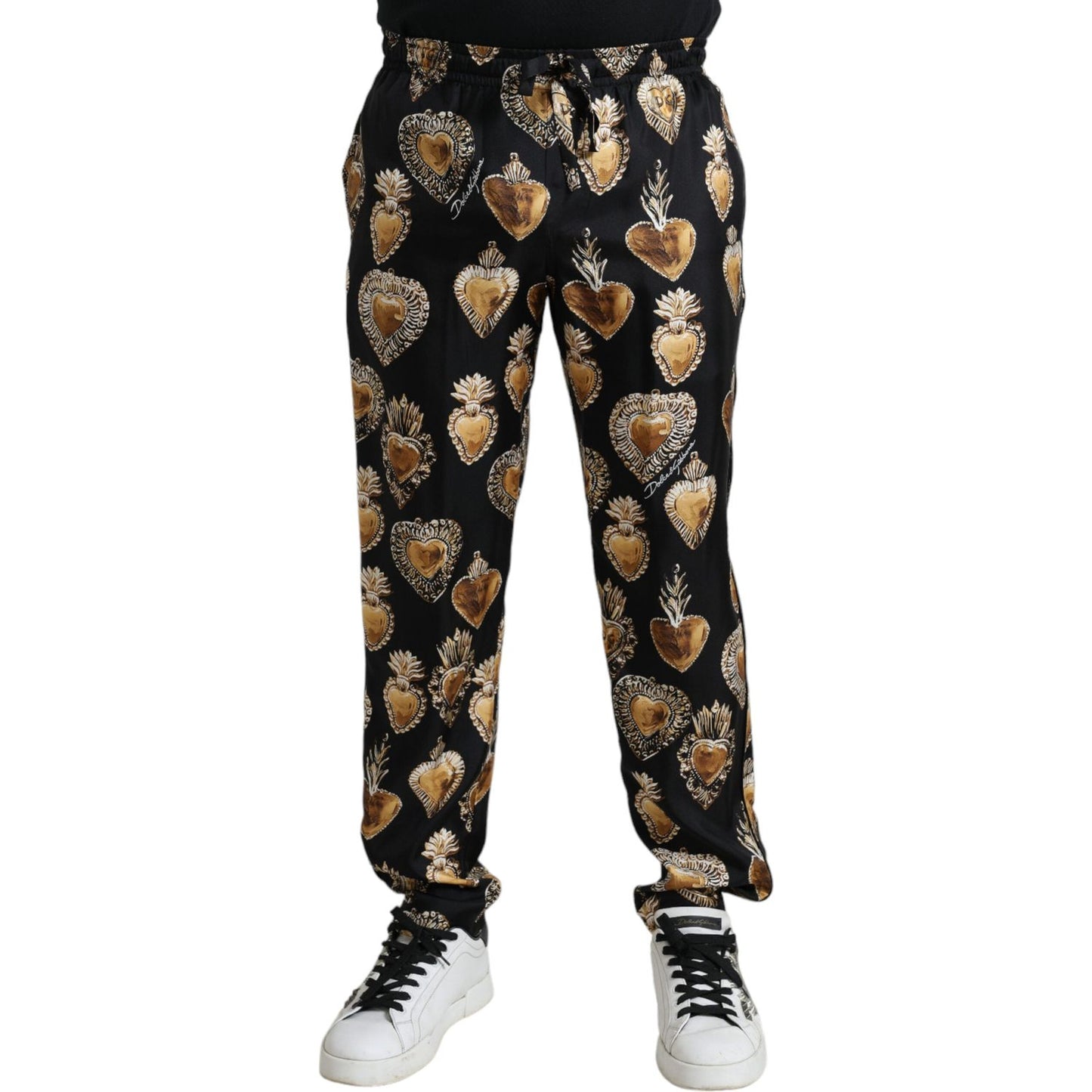 Dolce & Gabbana Chic Heart Print Silk Pajama Pants black-heart-print-silk-men-pajama-pants