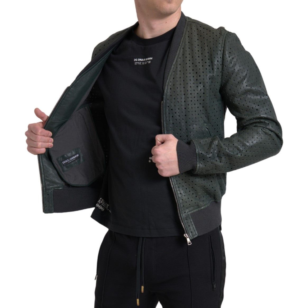 Dolce & Gabbana Emerald Green Goatskin Bomber Jacket green-perforated-leather-bomber-jacket