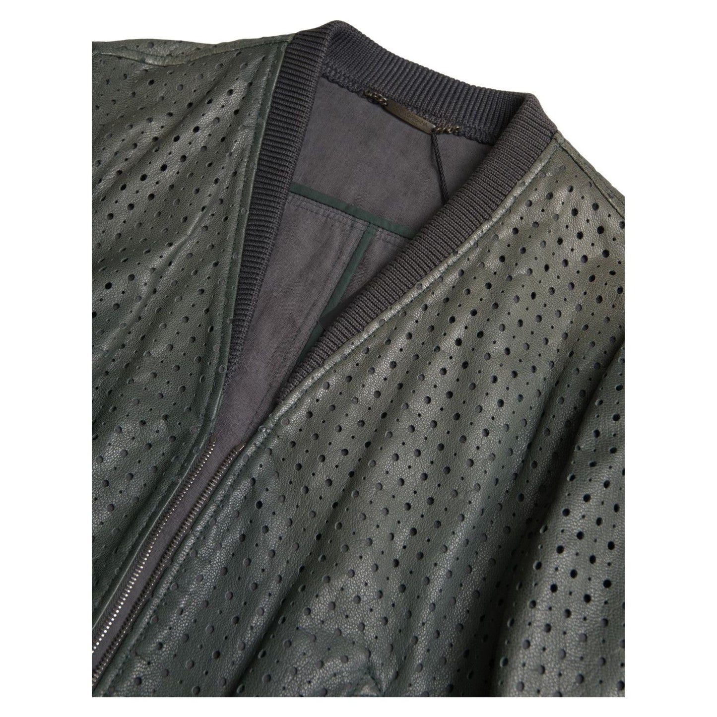 Dolce & Gabbana Emerald Green Goatskin Bomber Jacket green-perforated-leather-bomber-jacket