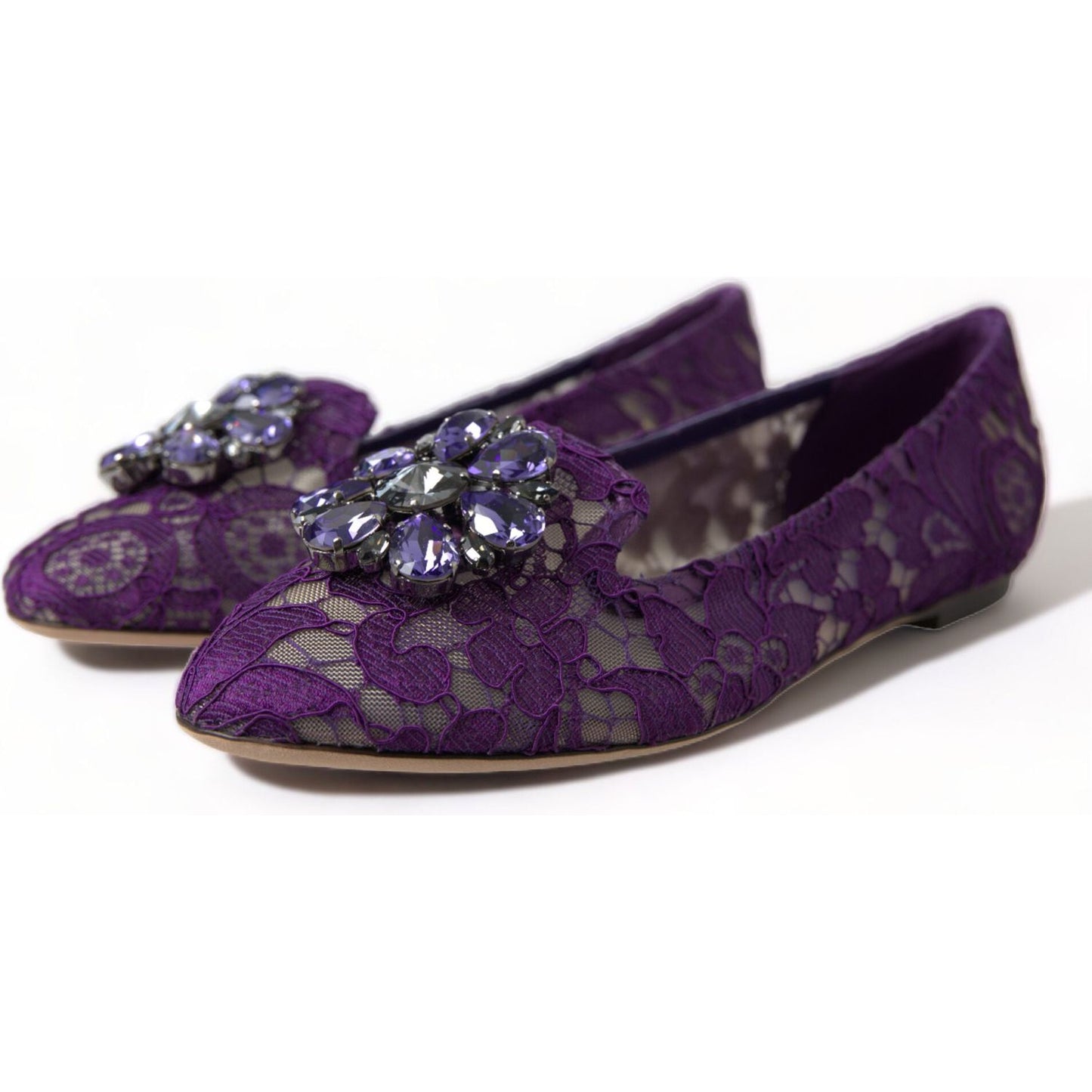 Dolce & Gabbana Elegant Floral Lace Vally Flat Shoes purple-vally-taormina-lace-crystals-flats-shoes