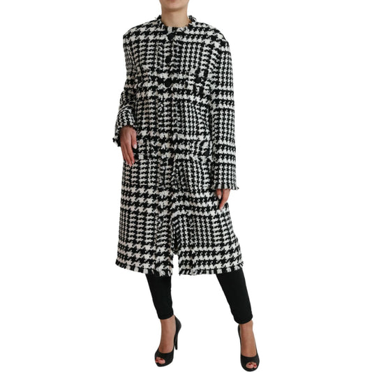 Dolce & Gabbana Elegant Houndstooth Long Trench Coat black-white-houndstooth-trench-coat-jacket