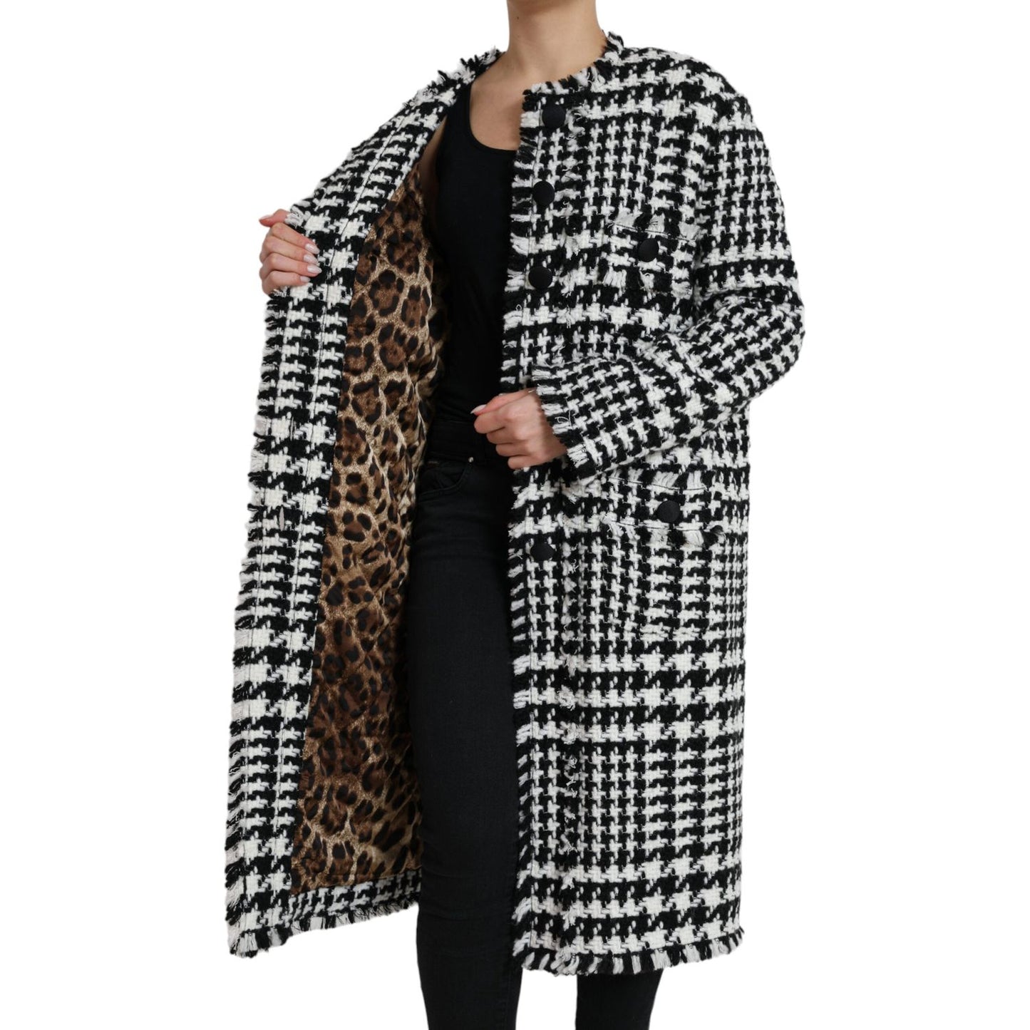 Dolce & Gabbana Elegant Houndstooth Long Trench Coat black-white-houndstooth-trench-coat-jacket