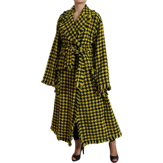 Dolce & Gabbana Chic Houndstooth Virgin Wool Long Coat yellow-houndstooth-long-sleeve-coat-jacket