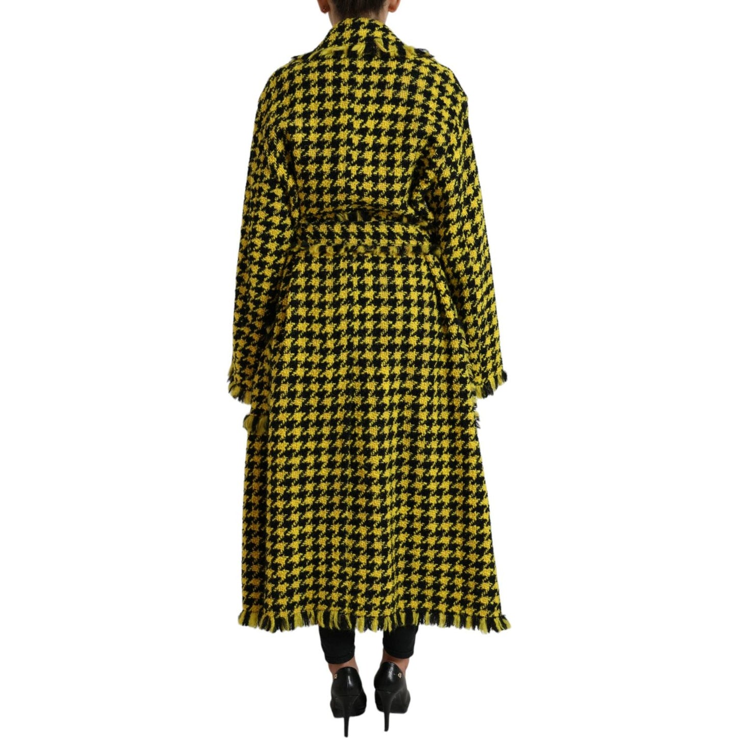 Dolce & Gabbana Chic Houndstooth Virgin Wool Long Coat yellow-houndstooth-long-sleeve-coat-jacket