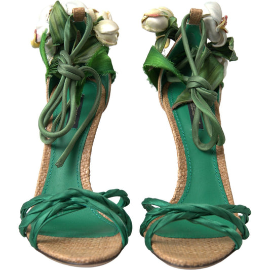 Dolce & Gabbana Emerald Elegance Satin Heels green-flower-satin-heels-sandals-shoes