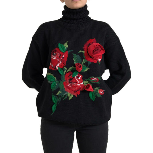 Dolce & Gabbana Elegant Floral Knitted Wool-Cashmere Sweater black-roses-wool-turtleneck-pullover-sweater