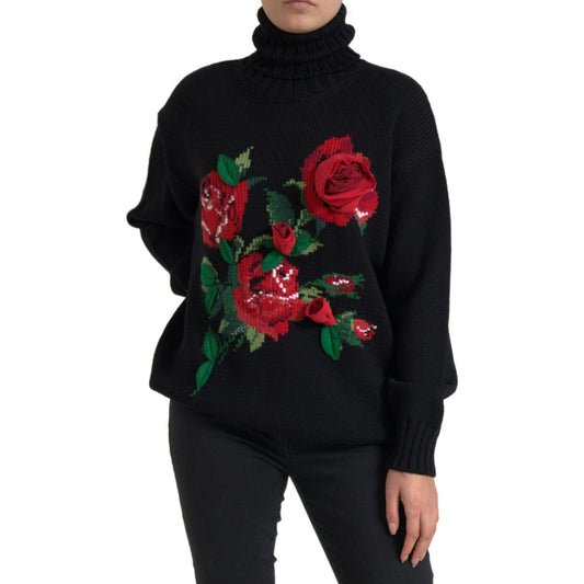 Dolce & Gabbana Elegant Floral Knitted Wool-Cashmere Sweater black-roses-wool-turtleneck-pullover-sweater
