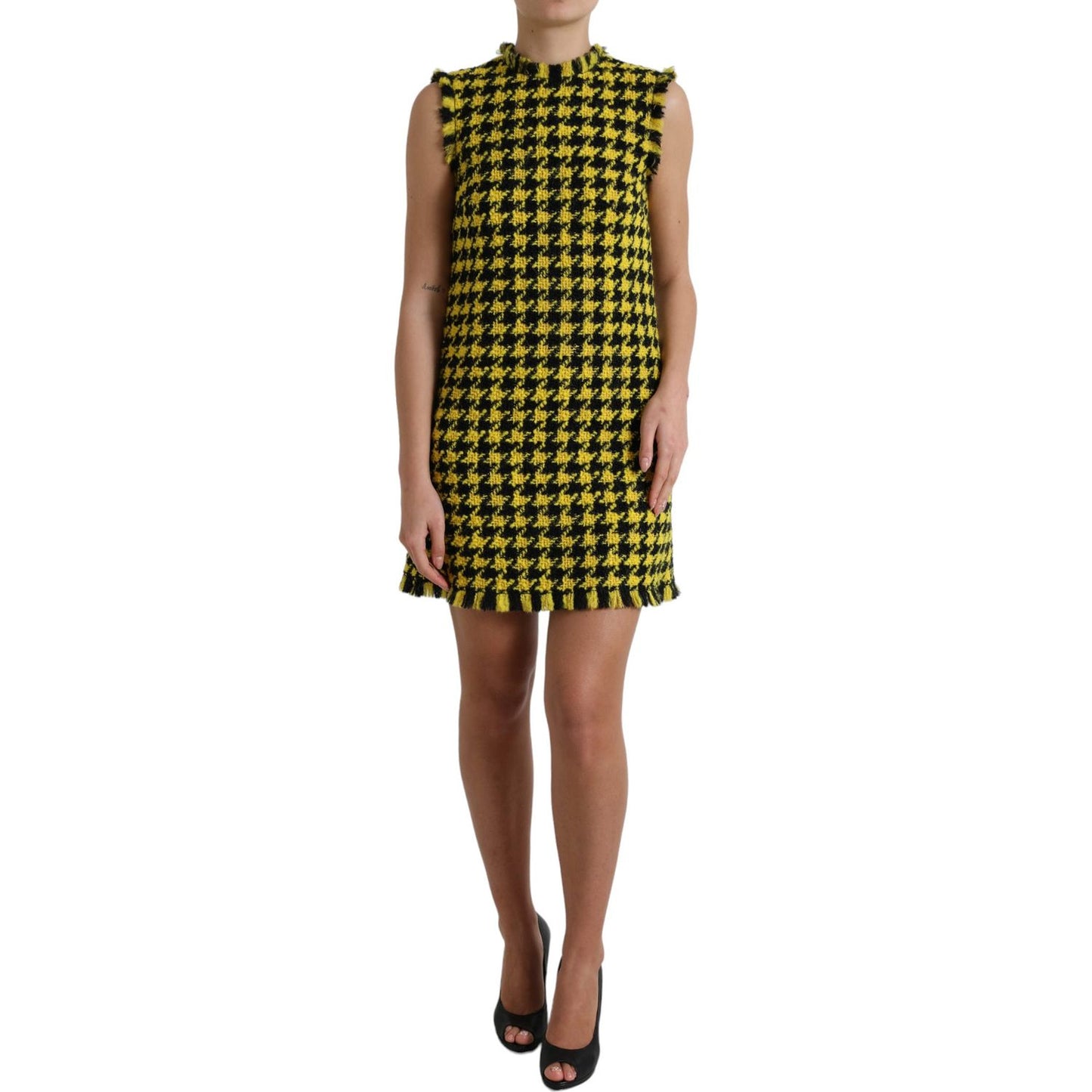 Dolce & Gabbana Houndstooth Knitted Chic Yellow Mini Skirt yellow-houndstooth-sleeveless-aline-mini-dress